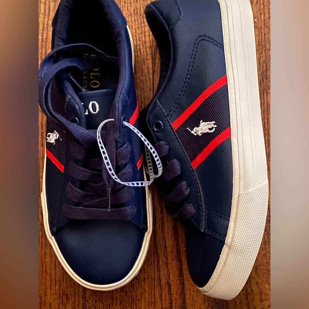 Polo Ralph Lauren Navy Sneakers with Red Stripes boys size 12 1/2-NEW - Picture 2 of 5
